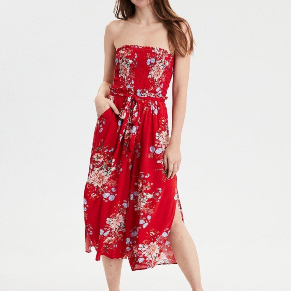 American Eagle Red Floral Smocked Tube Jumpsuit
